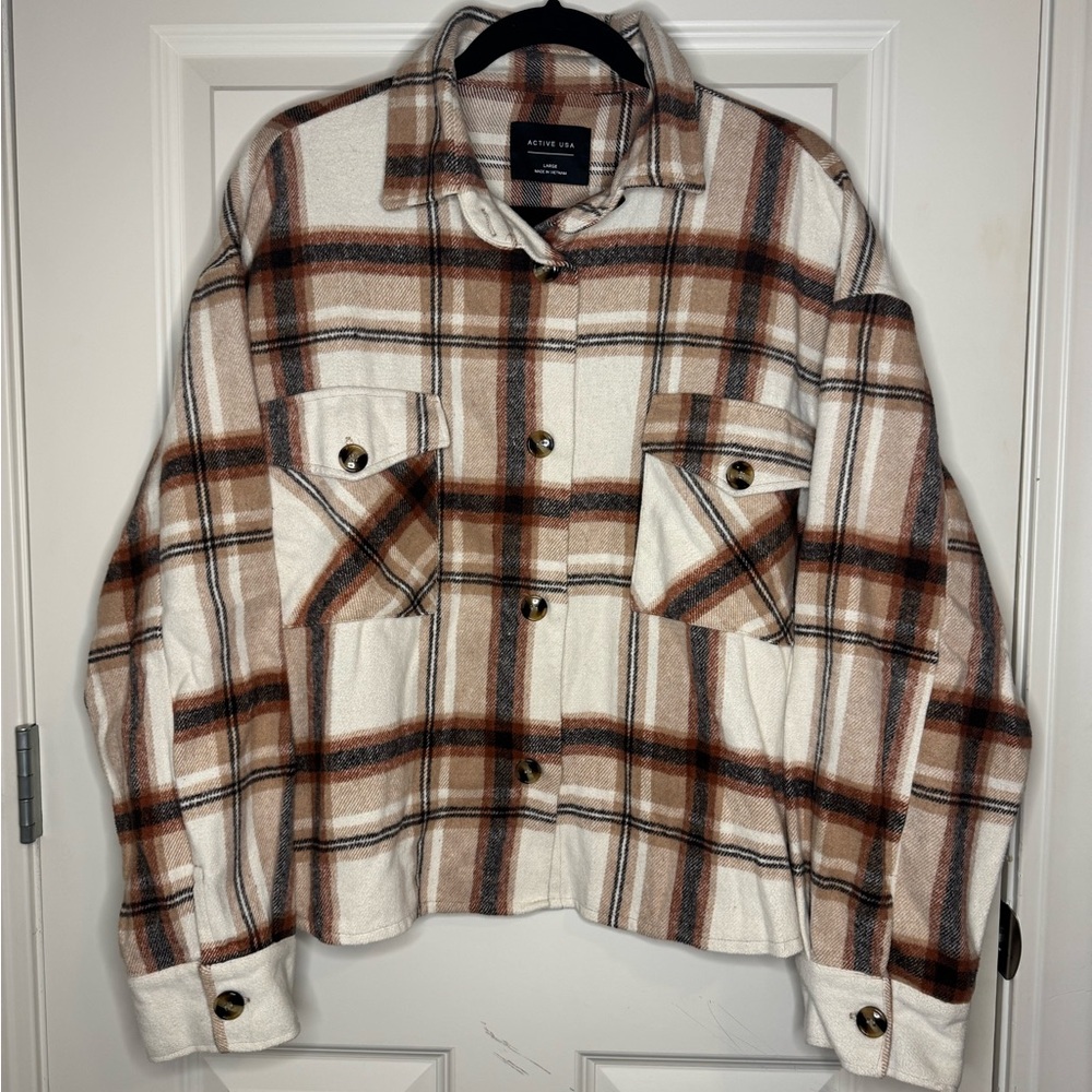 Active USA Plaid Shirt Jacket - Brown and Cream